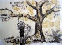altenritte - unter dem kirschbaum, kohle und kaffee auf papier, 14x21 cm